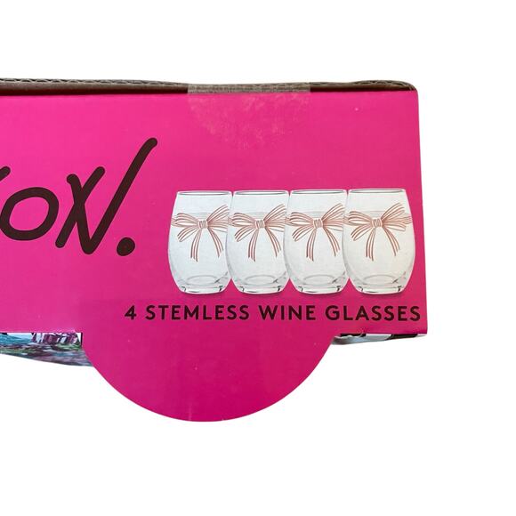 Betsey Johnson Pink Bow Stemless Wine Glasses Set of 4 Valentine's Day New - Picture 11 of 16